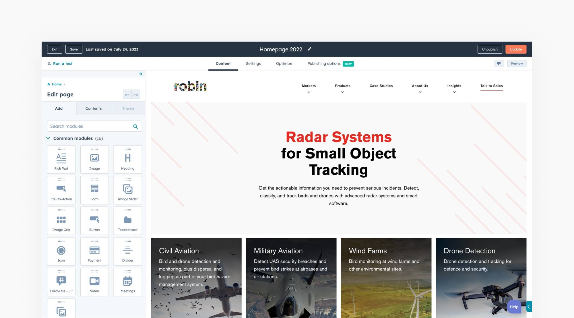 Robin Radar content editor