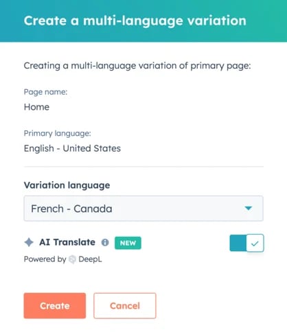 HubSpot Content Hub feature - ai translations screenshot