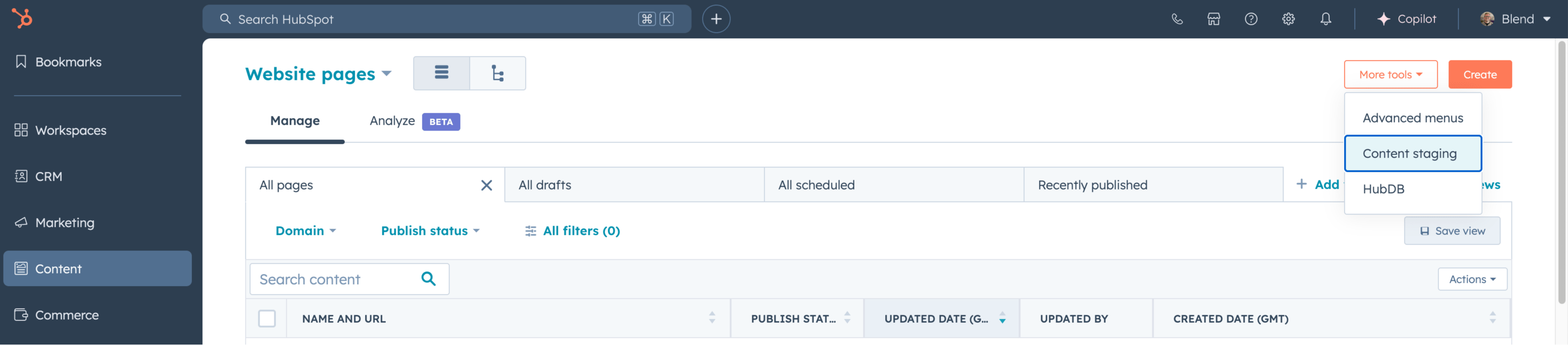 Create staging page in HubSpot